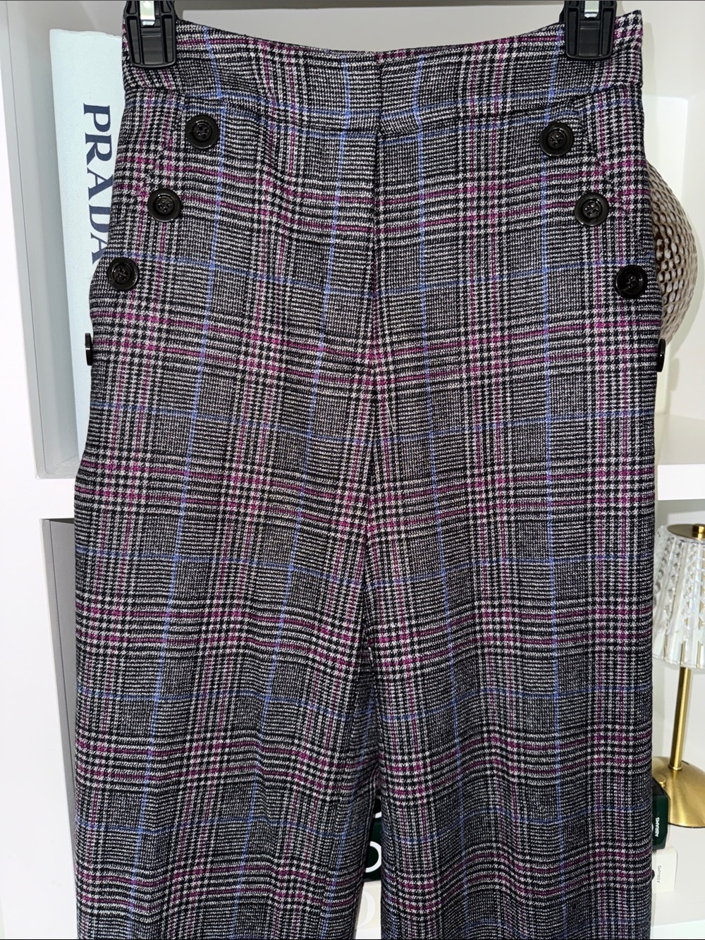 Veronica Beard Wool High-Waist Wide-Leg Plaid Pants in Gray with Pink